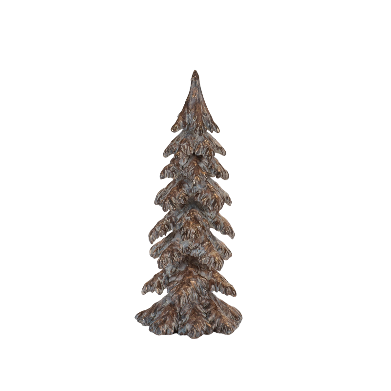 A rustic brown resin Christmas tree figurine with textured branches and a weathered finish.