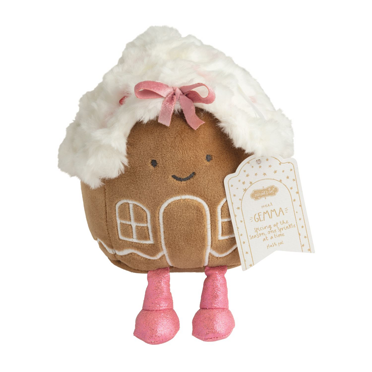 Gemma the gingerbread house plush pal with white faux fur roof, pink bow, and glittery pink boots.