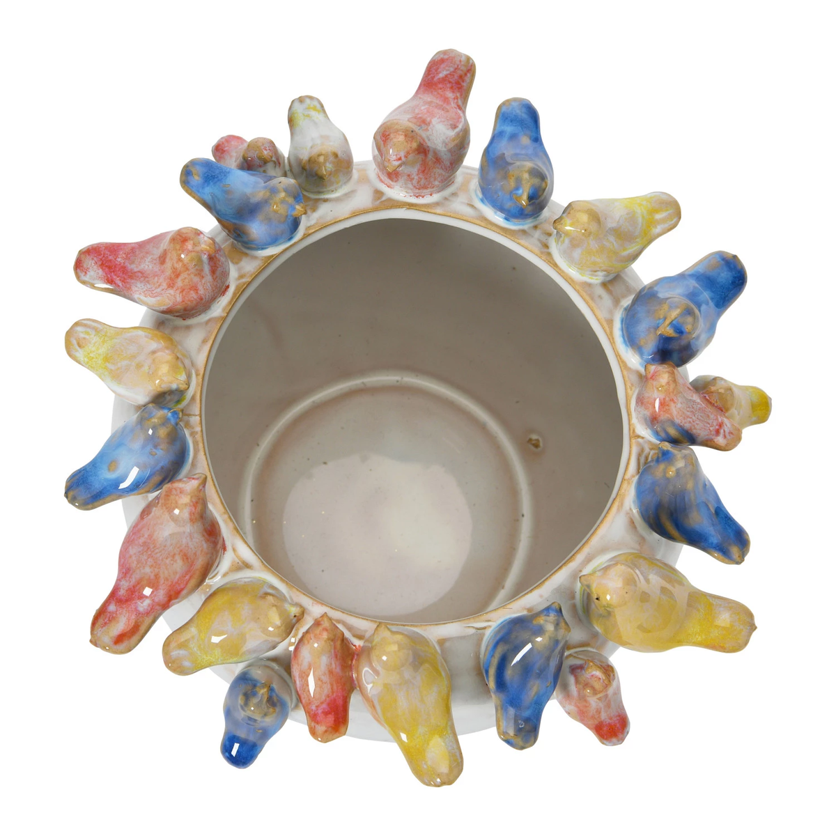 Round stoneware planter with reactive glaze featuring bird silhouettes on the rim.