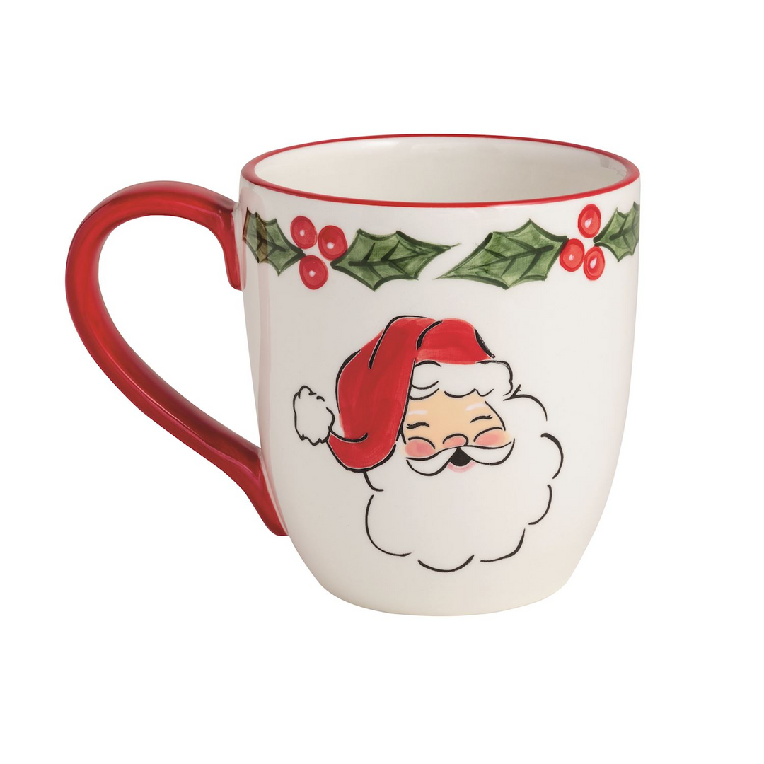 Hand-painted 18 oz ceramic mug featuring Santa Claus and a holly berry border with a red handle.