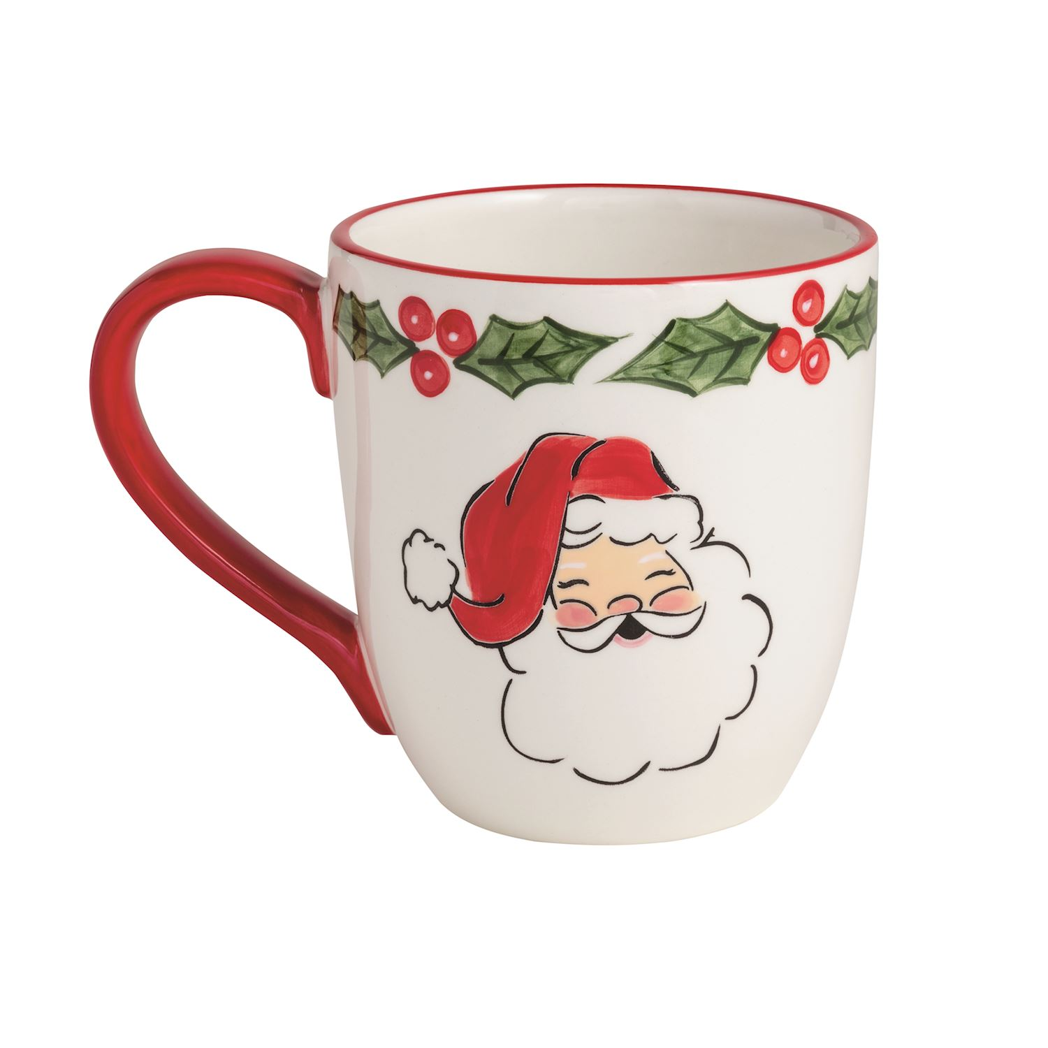 Hand-painted 18 oz ceramic mug featuring Santa Claus and a holly berry border with a red handle.