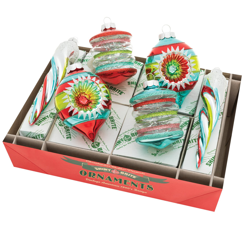 Boxed set of six vintage-style glass ornaments including icicles, bells, and round shapes.