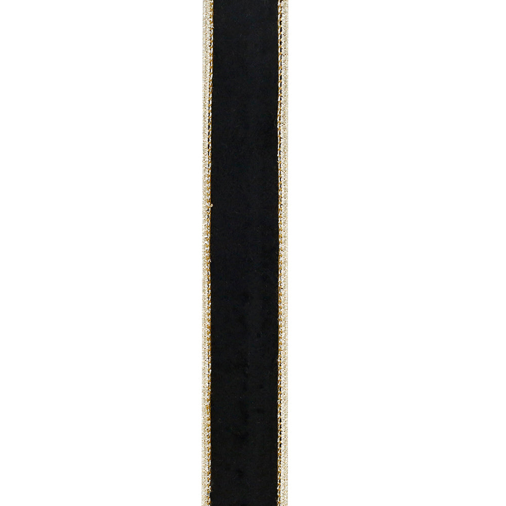 1 inch black velvet ribbon with gold metallic dupioni backing and wired edges.