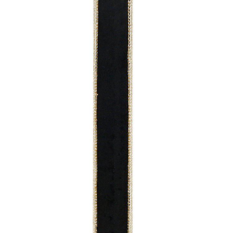 1 inch black velvet ribbon with gold metallic dupioni backing and wired edges.
