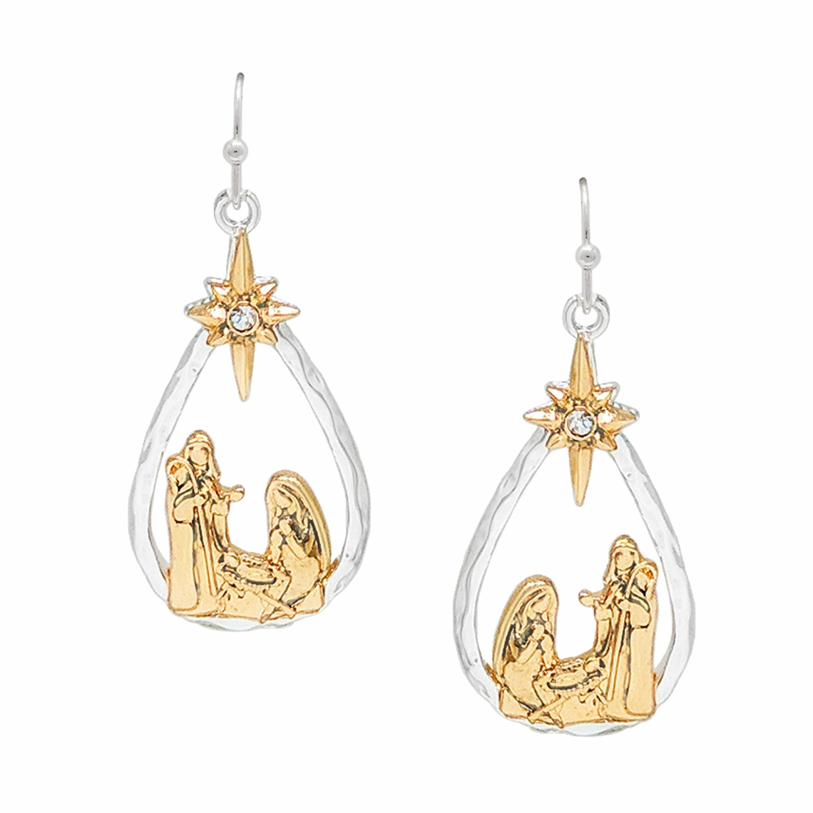 Two-tone silver and gold nativity scene cutout teardrop earrings with a star and crystal accent.