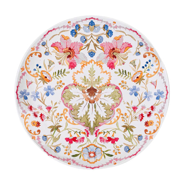 Sofia Melamine Dinner Plate featuring a symmetrical watercolor floral pattern in multi colors.