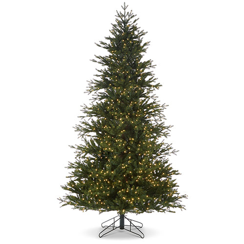 Nine-foot Nordic fir artificial Christmas tree with hinged PVC branches, metal frame, and multicolor LED lights.