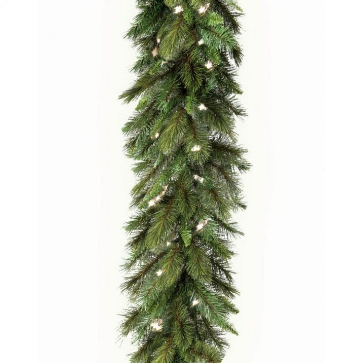 Lit Deluxe Belgium Garland with 100 warm white lights and dense green pine needles.