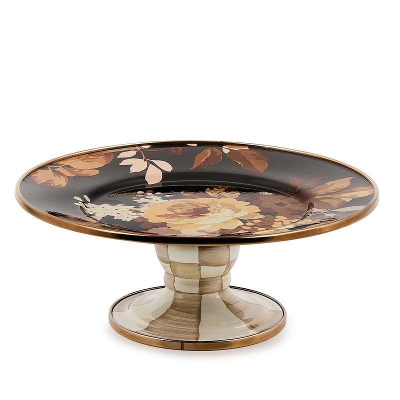 Wild Rose Brown Mini Pedestal Platter with floral design and checkered base.