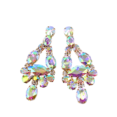 Gold crystal rhinestone dangle earrings with a sparkling geometric pattern.