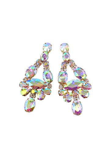 Gold chandelier earrings with iridescent aurora borealis rhinestones in various shapes.