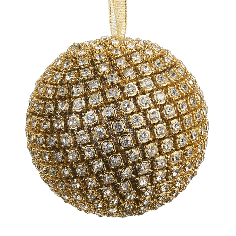 Gold Rhinestone Ball Ornament with a sparkling crystal design and gold hanging ribbon.