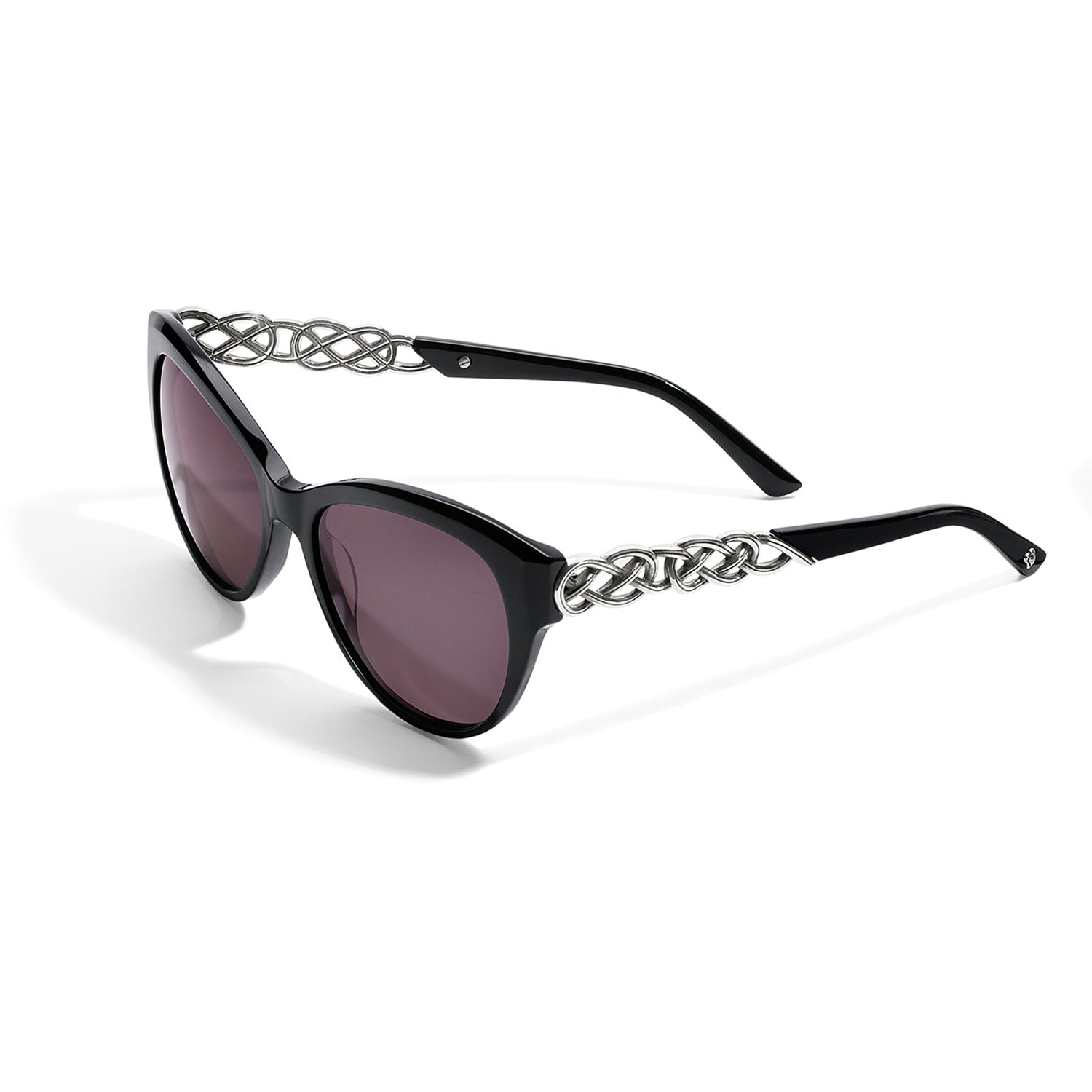 Black cat eye sunglasses with silver plated accents offering full UV protection.