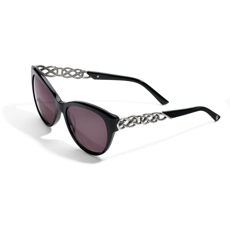 Black cat eye sunglasses with silver plated accents offering full UV protection.