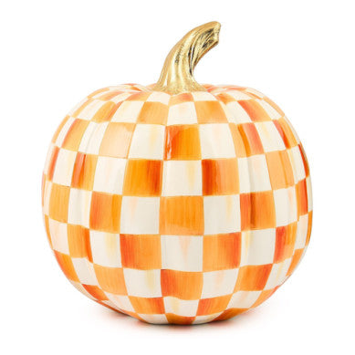 Medium orange resin pumpkin with a checkered pattern, standing 11 inches tall.