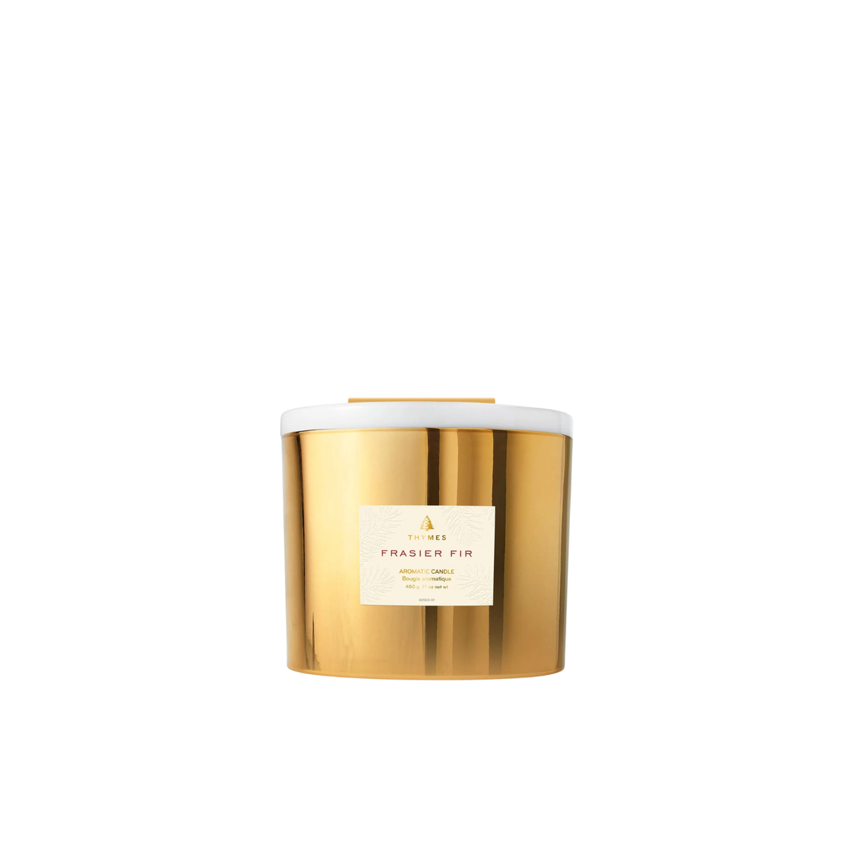 3-Wick Frasier Fir Gilded Poured Candle in a metallic gold jar with a white label.