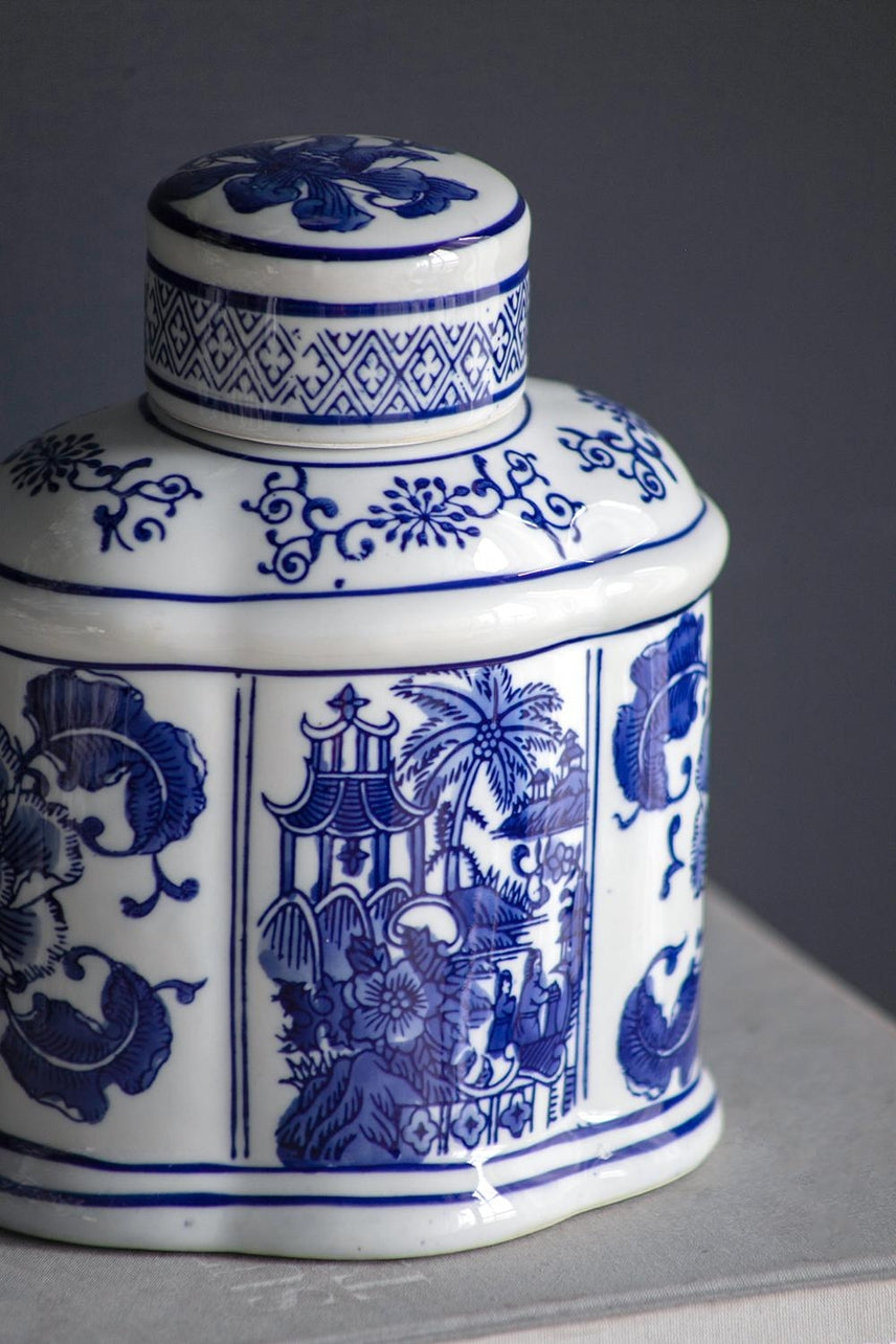 Blue oval porcelain jar with white speckled glaze