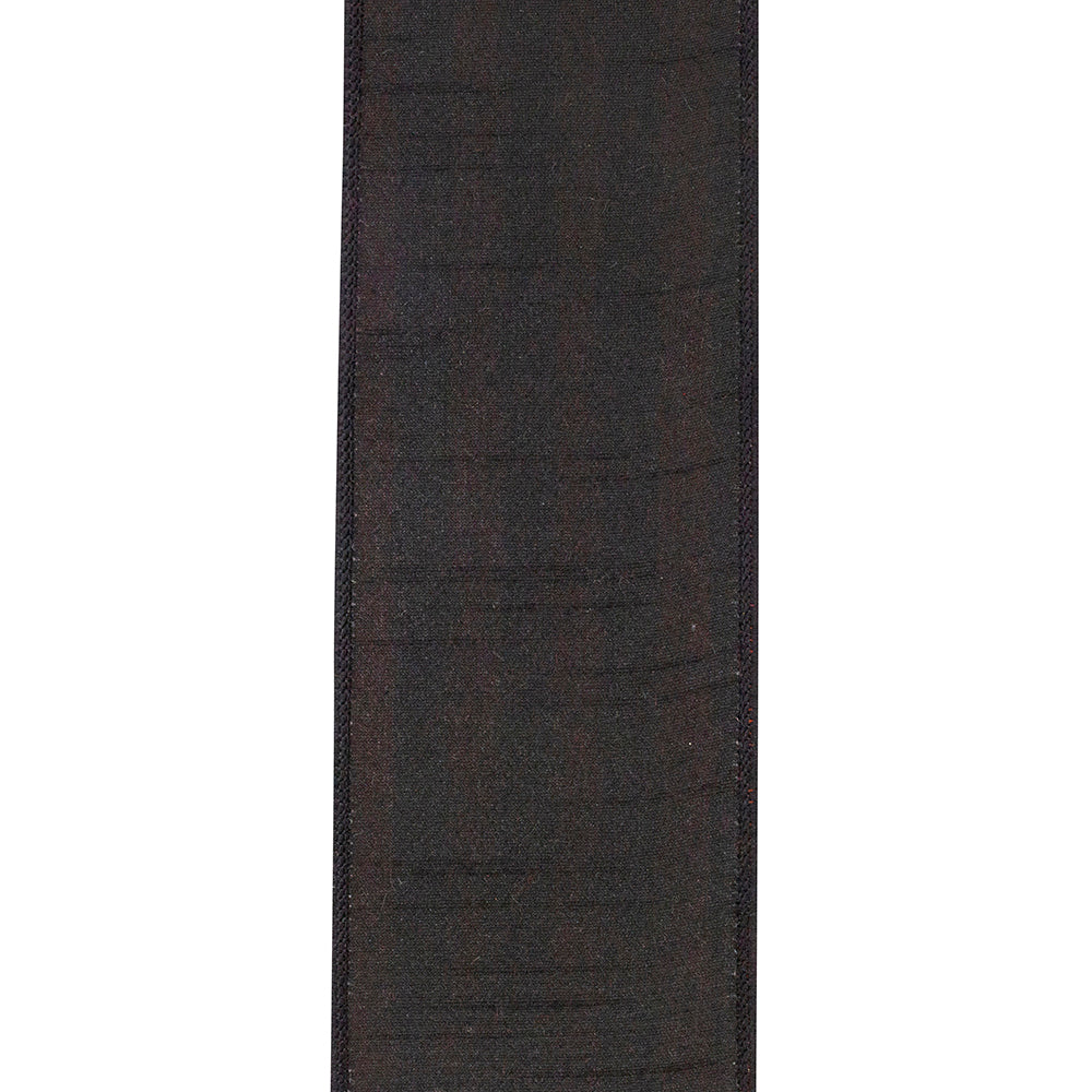 2-1/2 inch black deluxe dupioni backed wired edge ribbon with vertical twill stripe texture.