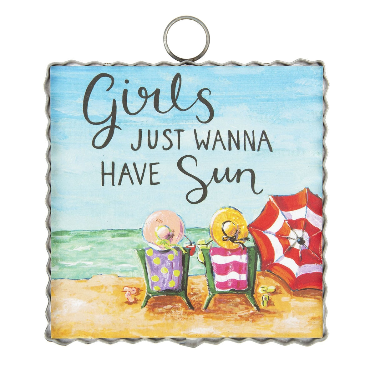 Mini Hamilton wall hanging featuring a 'Girls Just Wanna Have Sun' pattern with sun motifs on a light background.