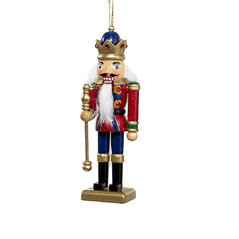 5-inch wooden nutcracker ornament with a gold crown, red jacket, blue pants, and a gold staff.