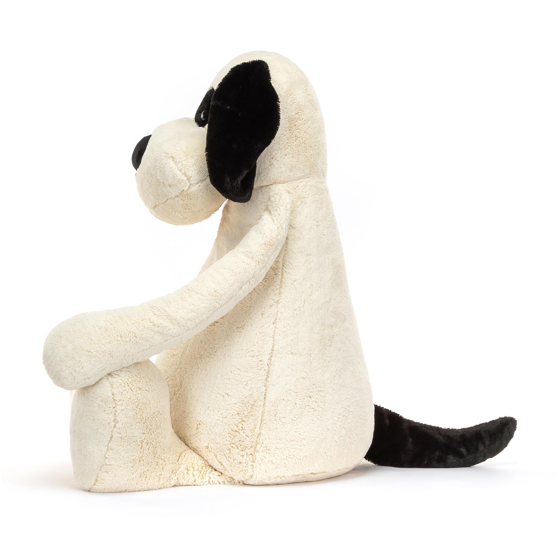 Bashful Black & Cream puppy plush toy with polyester fabric, PE bean filling, and a soft silhouette.