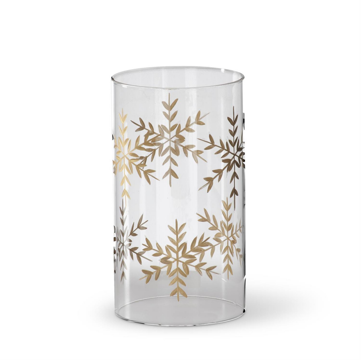 7.75 inch clear glass cylinder sleeve with etched gold snowflake patterns.