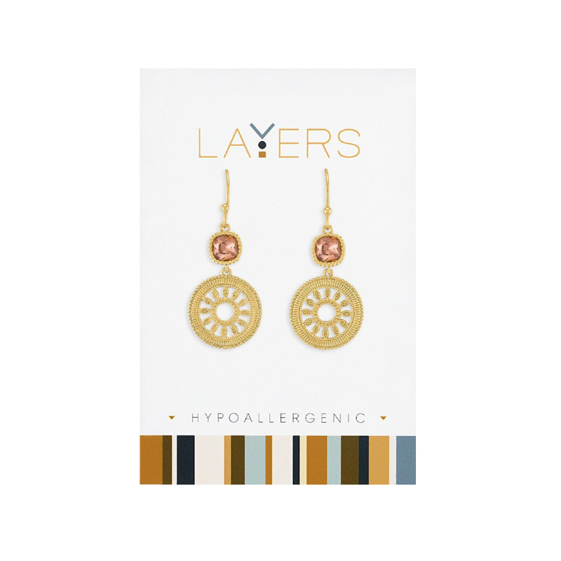 Gold dangle earrings with vintage rose crystals and circular filigree sunburst charms.