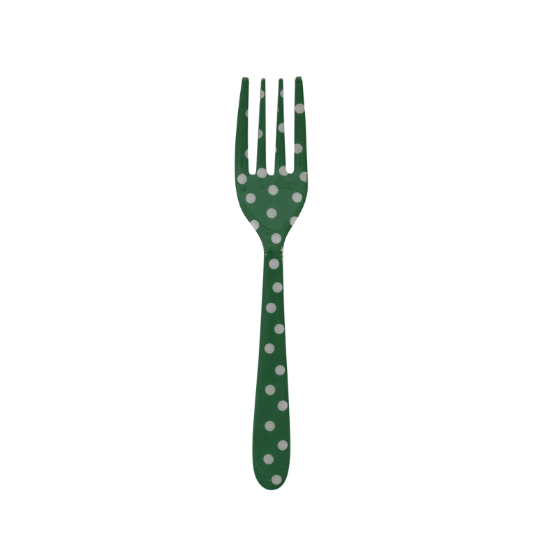 Green enameled stainless steel fork with white polka dot pattern.