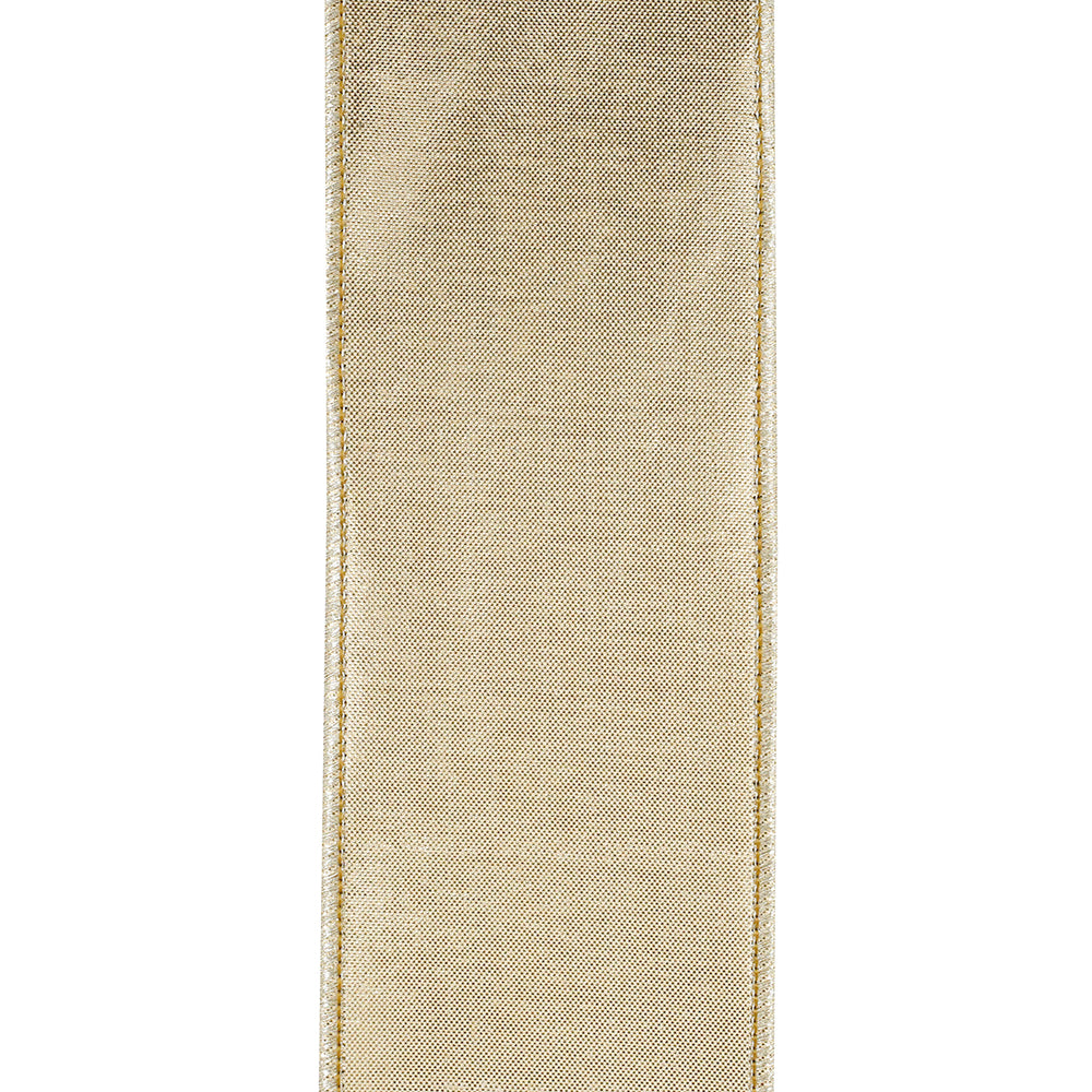 2.5 inch gold metallic dupioni ribbon with wired edges and a textured finish.