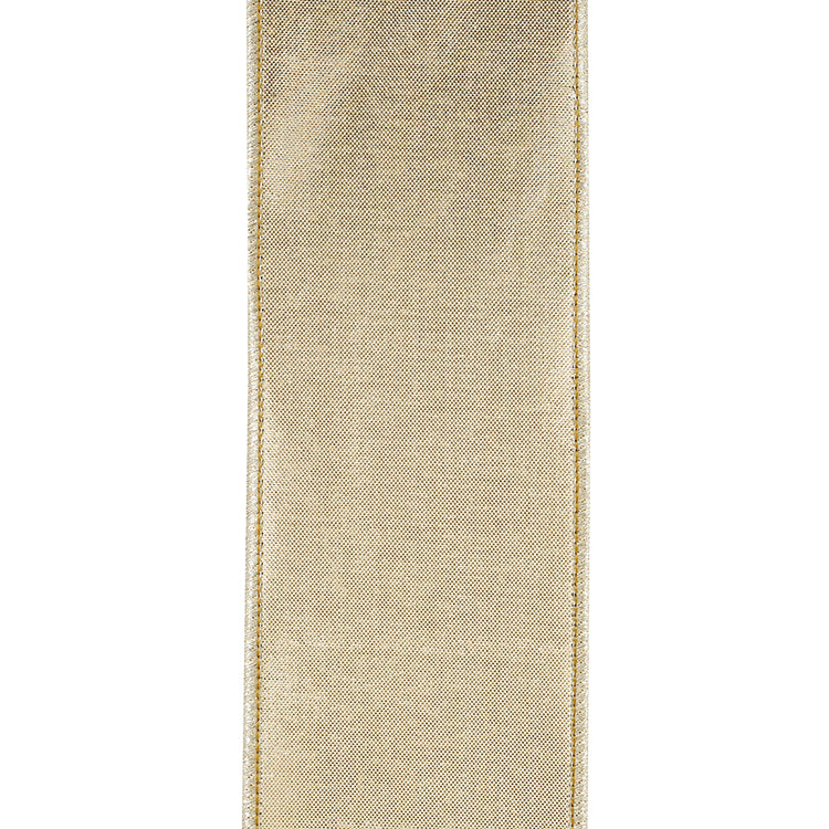 2.5 inch gold metallic dupioni ribbon with wired edges and a textured finish.