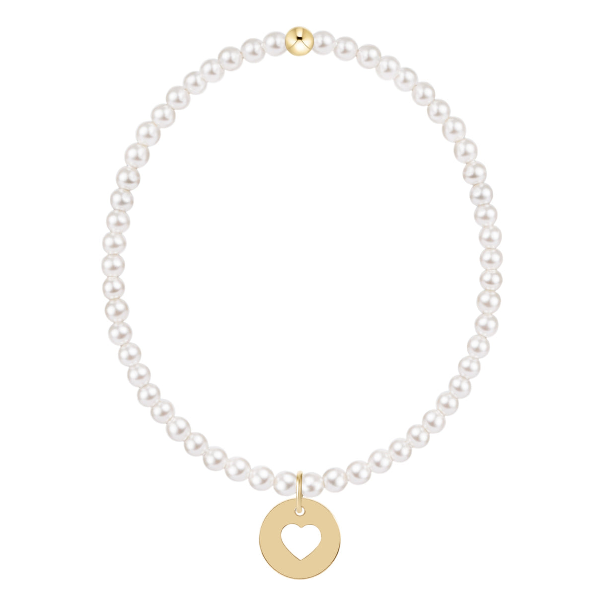 Classic 3mm white pearl stretch bracelet with a 14kt gold-filled heart cutout disc charm.