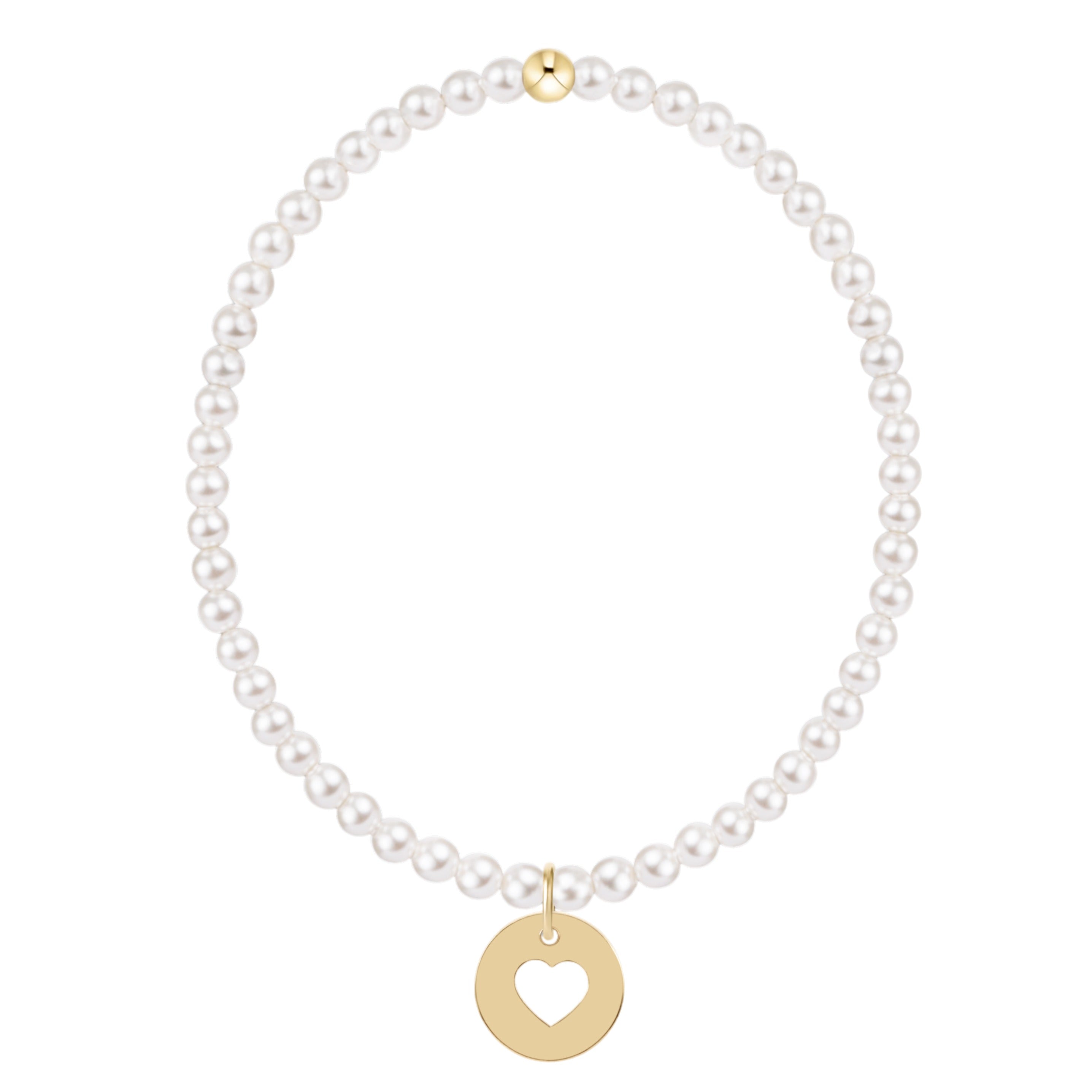 Classic 3mm white pearl stretch bracelet with a 14kt gold-filled heart cutout disc charm.