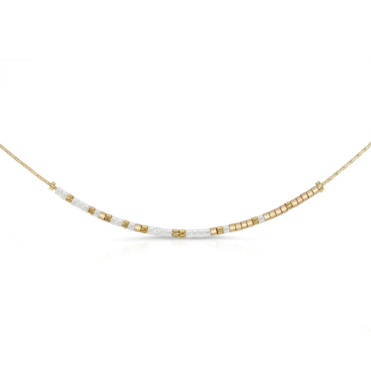 Isaiah 41:10 Morse code necklace with shimmery white and light champagne glass beads on a gold chain