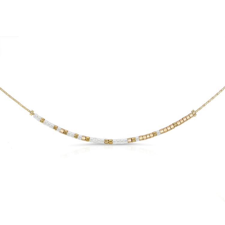 Isaiah 41:10 Morse code necklace with shimmery white and light champagne glass beads on a gold chain