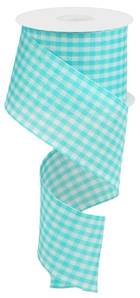 Turquoise and white gingham check fabric swatch made from 100% polyester.
