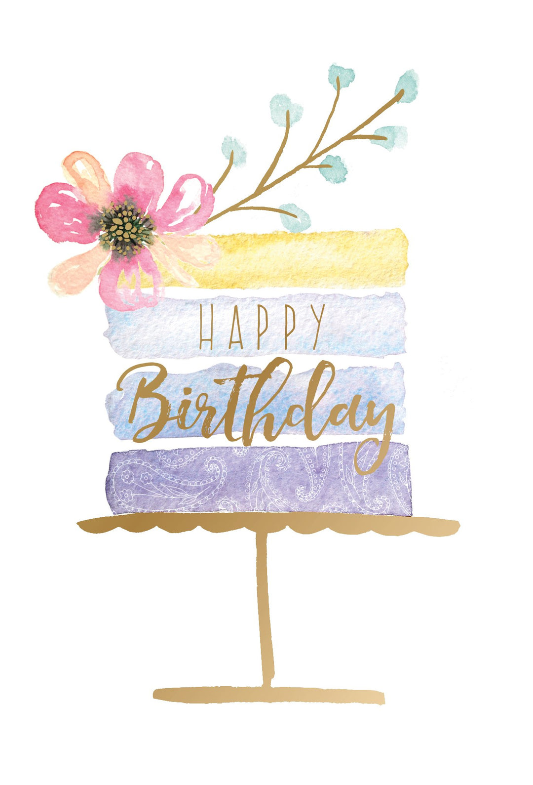 Birthday Watercolor Striped Cake Card with 'Happy Birthday' text inside a watercolor-striped cake silhouette.