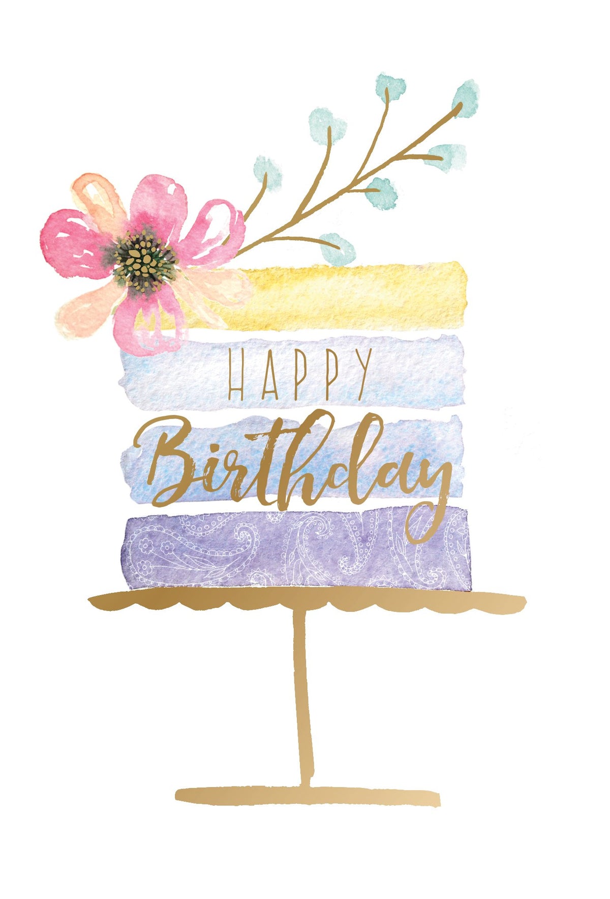 Birthday Watercolor Striped Cake Card with 'Happy Birthday' text inside a watercolor-striped cake silhouette.