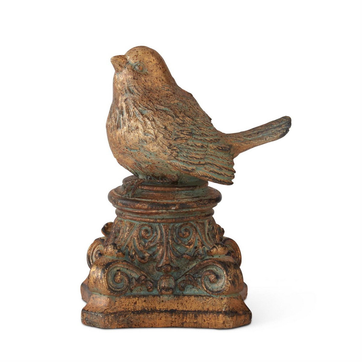 7-inch gold patina resin bird figurine perched on a decorative scroll pedestal.