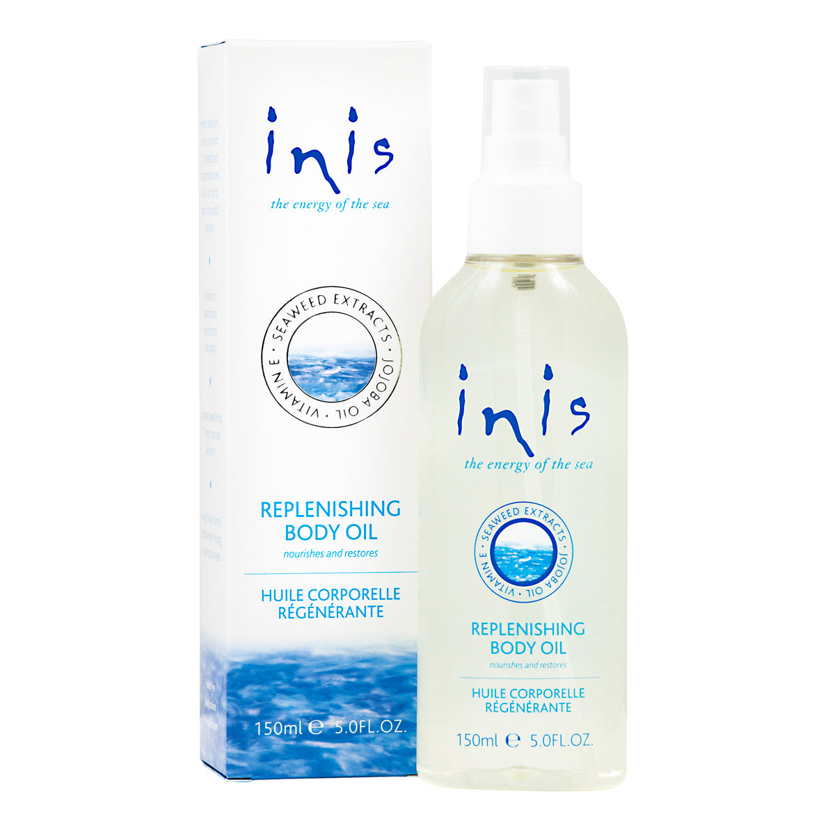 Bottle of Inis Replenishing Body Oil with seaweed extract ingredients.