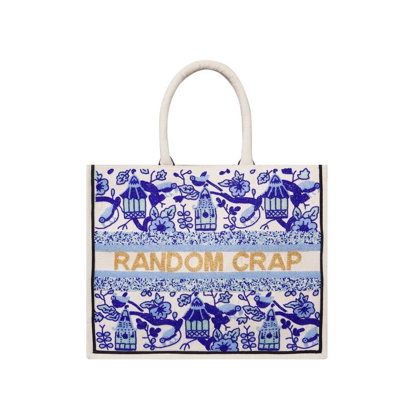Tiana Designs Cd Pagoda hand-beaded tote bag with blue pagoda patterns and RANDOM CRAP text.