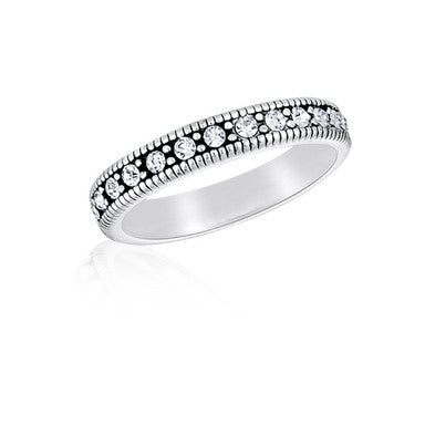 CZ Eternity Stack Ring featuring a silver band with round cubic zirconia stones and beaded edges.