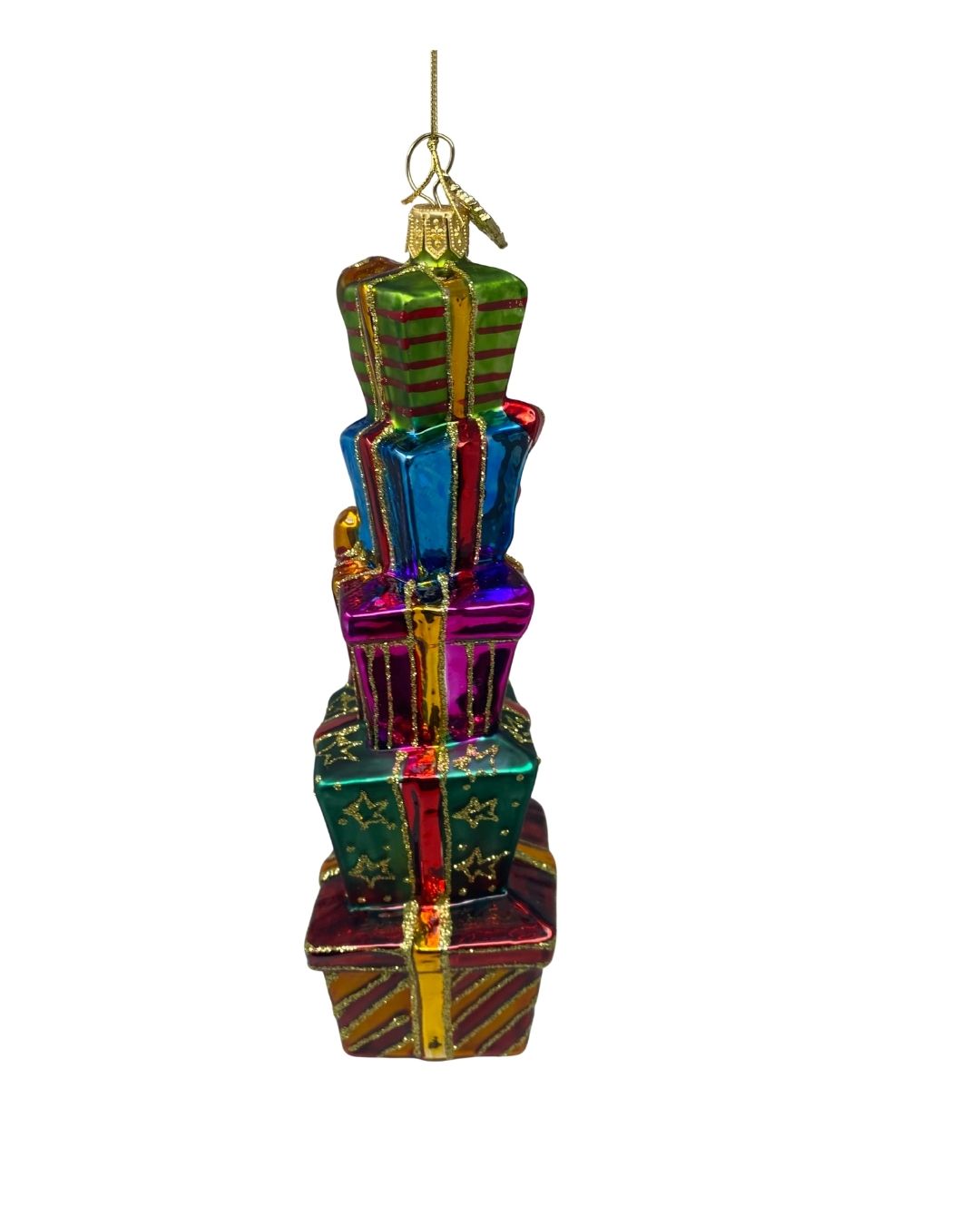 Glass Christmas ornament featuring a stack of five colorful glittery presents with a gold hanger.