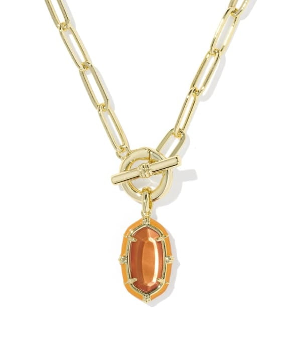Elisa gold paperclip chain necklace with an orange enamel-framed pendant and toggle closure.