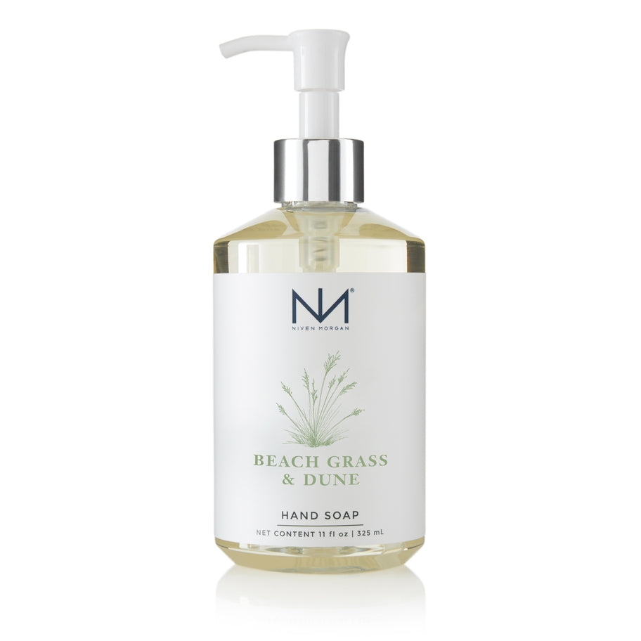 Niven Morgan Beach Grass & Dune Hand Soap in an 11 fl oz clear pump bottle with a white label.