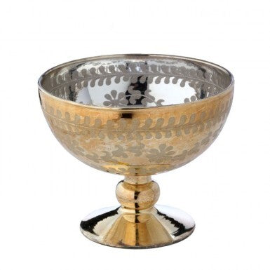 4.5 inch champagne etched glass pedestal bowl with floral and leaf patterns.