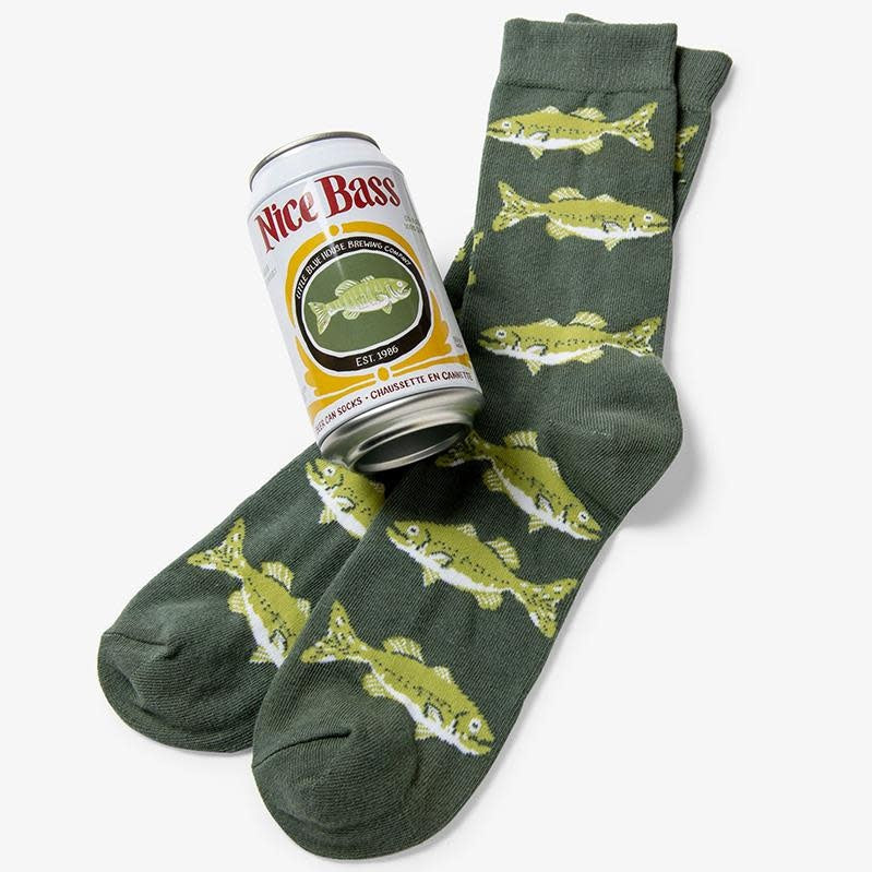 Men's crew socks in beige cotton blend with a beer can print on the leg and contrast heel.