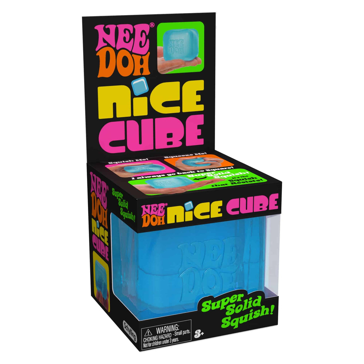 Blue semi-transparent square NeeDoh Nice Cube stress reliever with soft goo filling
