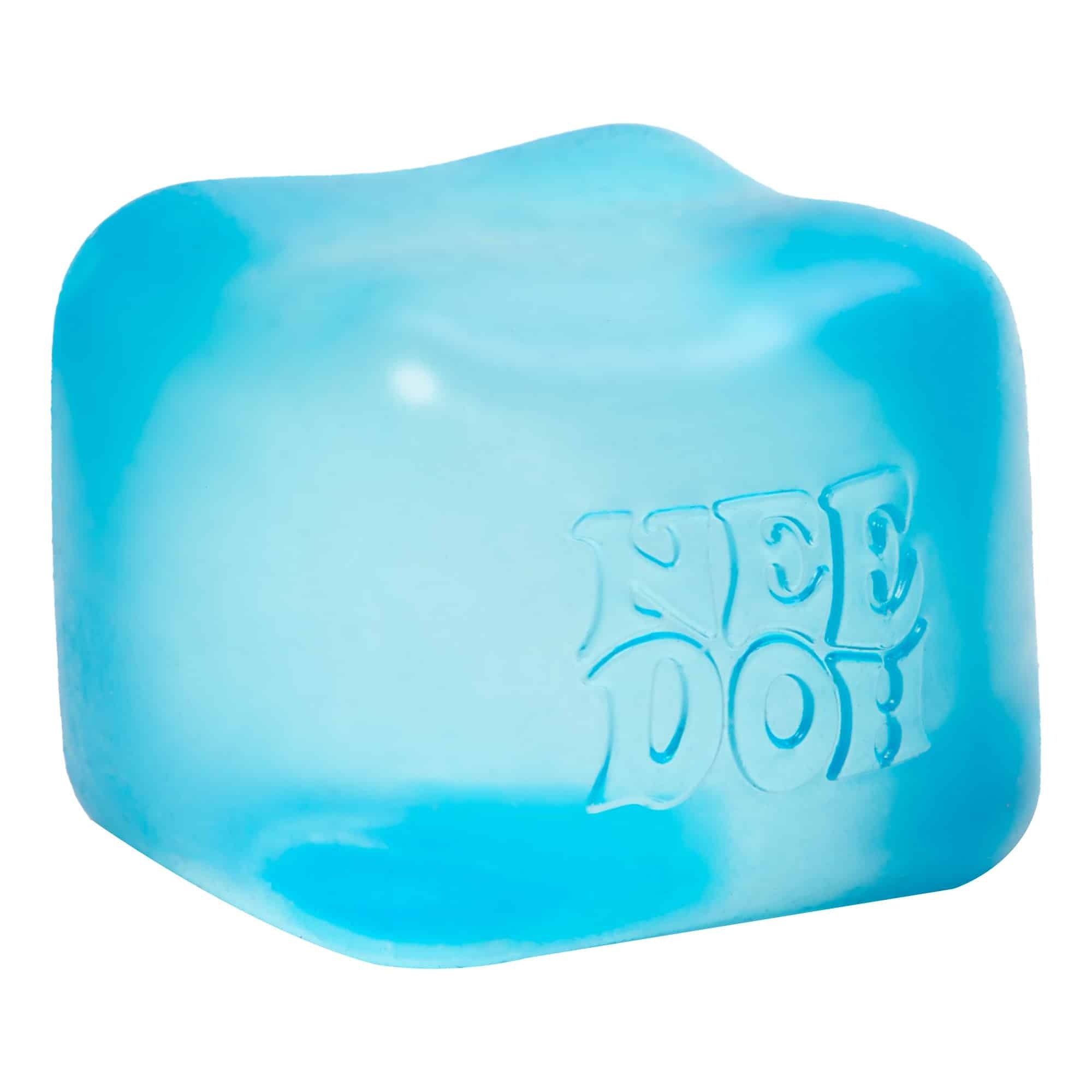Blue semi-transparent square NeeDoh Nice Cube stress reliever with soft goo filling