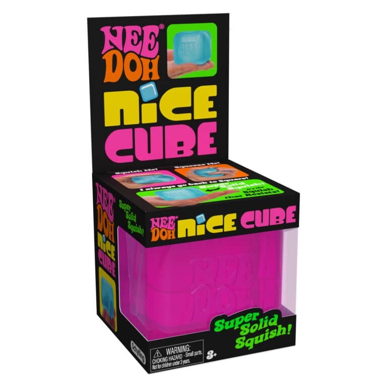Pink semi-transparent square NeeDoh Nice Cube stress reliever with soft goo filling.