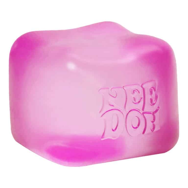Pink semi-transparent square NeeDoh Nice Cube stress reliever with soft goo filling.